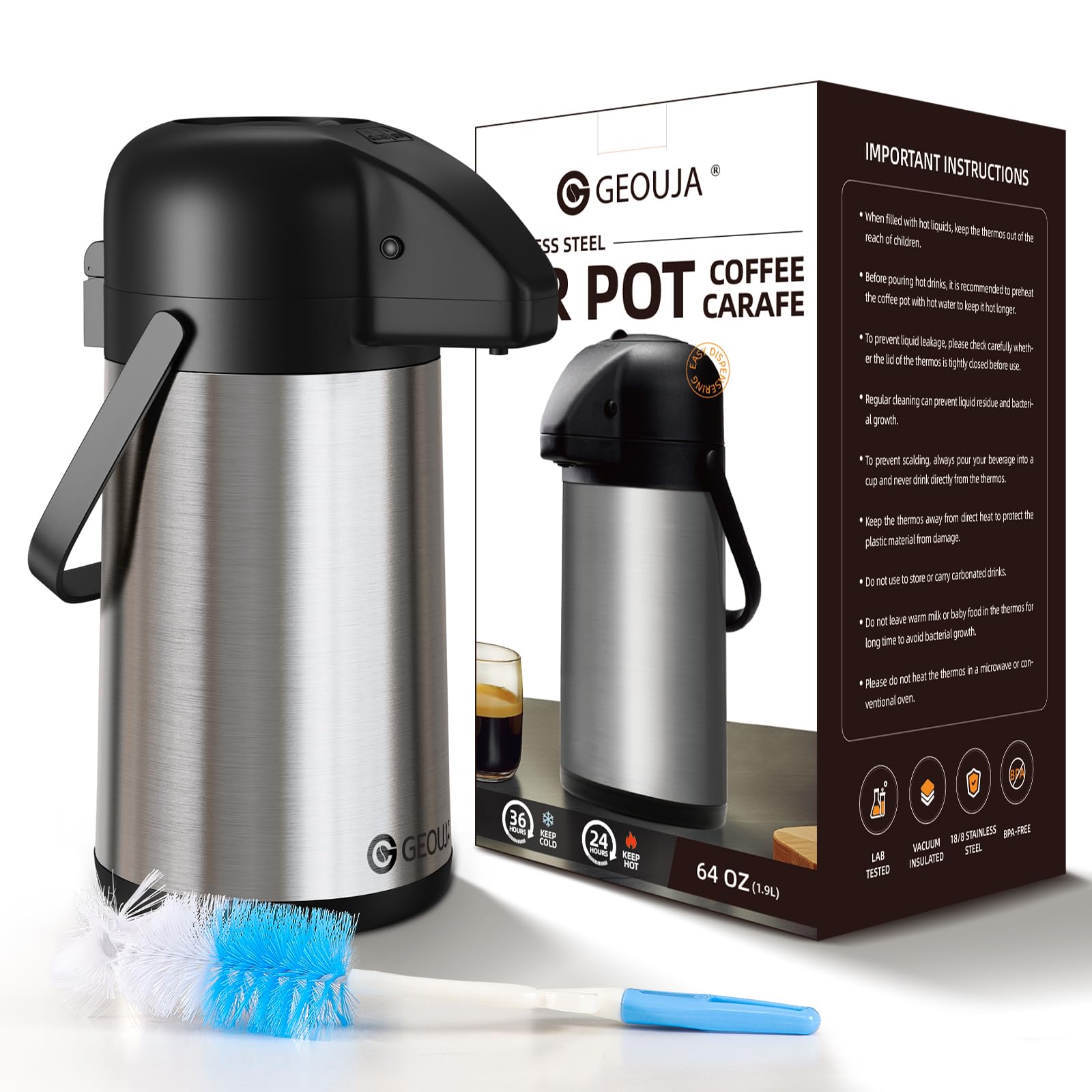 Airpot Coffee Carafe for Keeping Hot - 64 OZ / 1.9L Large Coffee Dispenser with Pump - Insulated Stainless Steel Thermos Urn for Hot Drinks Water Tea Chocolate - Thermal Beverage Dispenser for Parties