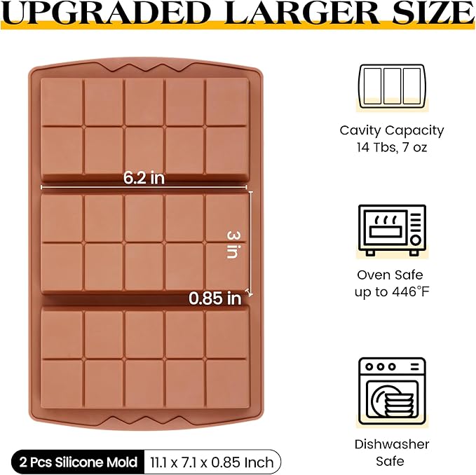 2 Pcs Dubai Chocolate Bar Mold Deep Stuffed Silicone Molds for Filling Knafeh Pistachio Chocolate Bar Large Thick Candy Bar Molds Break Apart (10 Snap）