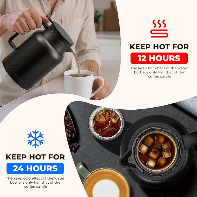 JXXM 2 Pack 49oz Thermal Coffee Carafe and 15oz Insulated Water Bottle, Stainless Steel Vacuum Thermal Carafes and Water Bottle for Keeping Coffee, Tea, Water - Keep 12 Hours Hot, 24 Hours Cold