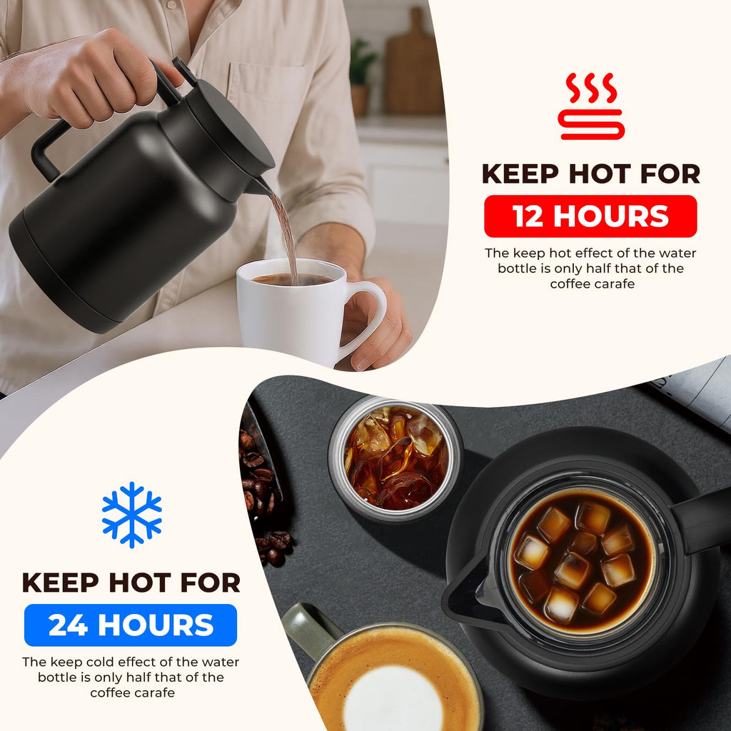 JXXM 2 Pack 49oz Thermal Coffee Carafe and 15oz Insulated Water Bottle, Stainless Steel Vacuum Thermal Carafes and Water Bottle for Keeping Coffee, Tea, Water - Keep 12 Hours Hot, 24 Hours Cold