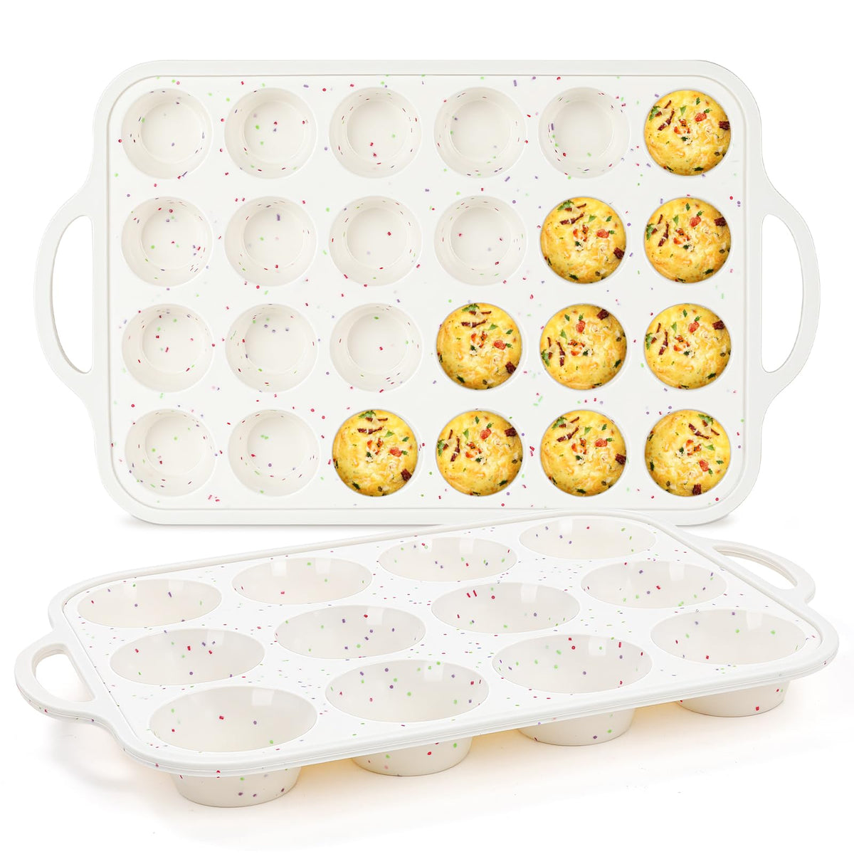 FUNBAKY Silicone Cupcake Pan, Metal Reinforcement Regular Size 12 Cups & Mini 24 Cups Nonstick Easy to Demold Baking Mold for Making Homemade Muffins