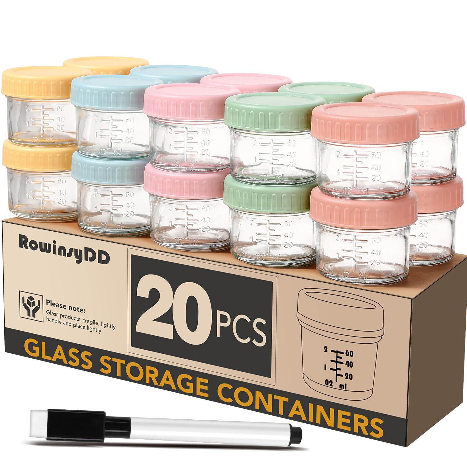 RowinsyDD 20 Pack Baby Food Containers, 4 oz Glass Baby Food Jars with Lids