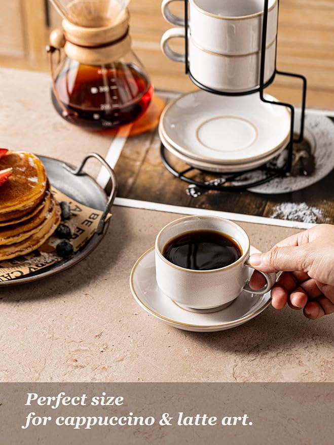 Gomakren 6 Ounce Cappuccino Cups with Saucers and Metal Stand, Stackable Coffee Cup Set of 4, Porcelain Espresso Cups for Coffee Drinks, Cappuccino, Latte, Americano, Tea, White