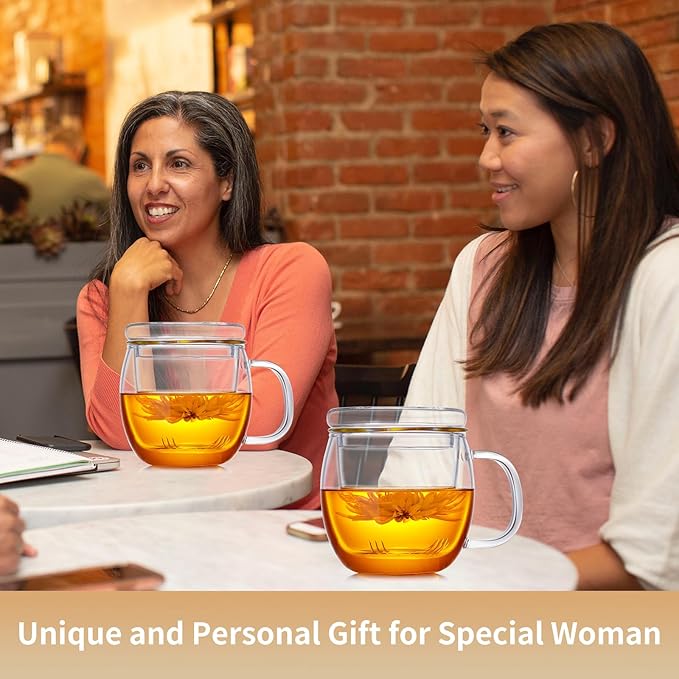 Glass Tea Cup with Infuser and Lid, 17oz/500ml Large Borosilicate Teacup, Clear Mug for Loose Leaf Tea, Blooming Tea, Tea Bags - Perfect Christmas or Birthday Gift for Women