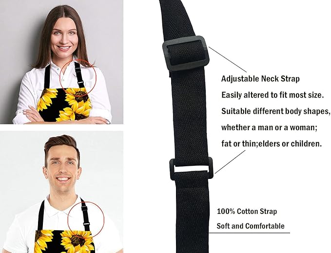 Sunflowers Black Tropical Flower Daisy Adjustable Bib Apron, Cute Floral Sunflower Cooking Kitchen Apron for Men Women