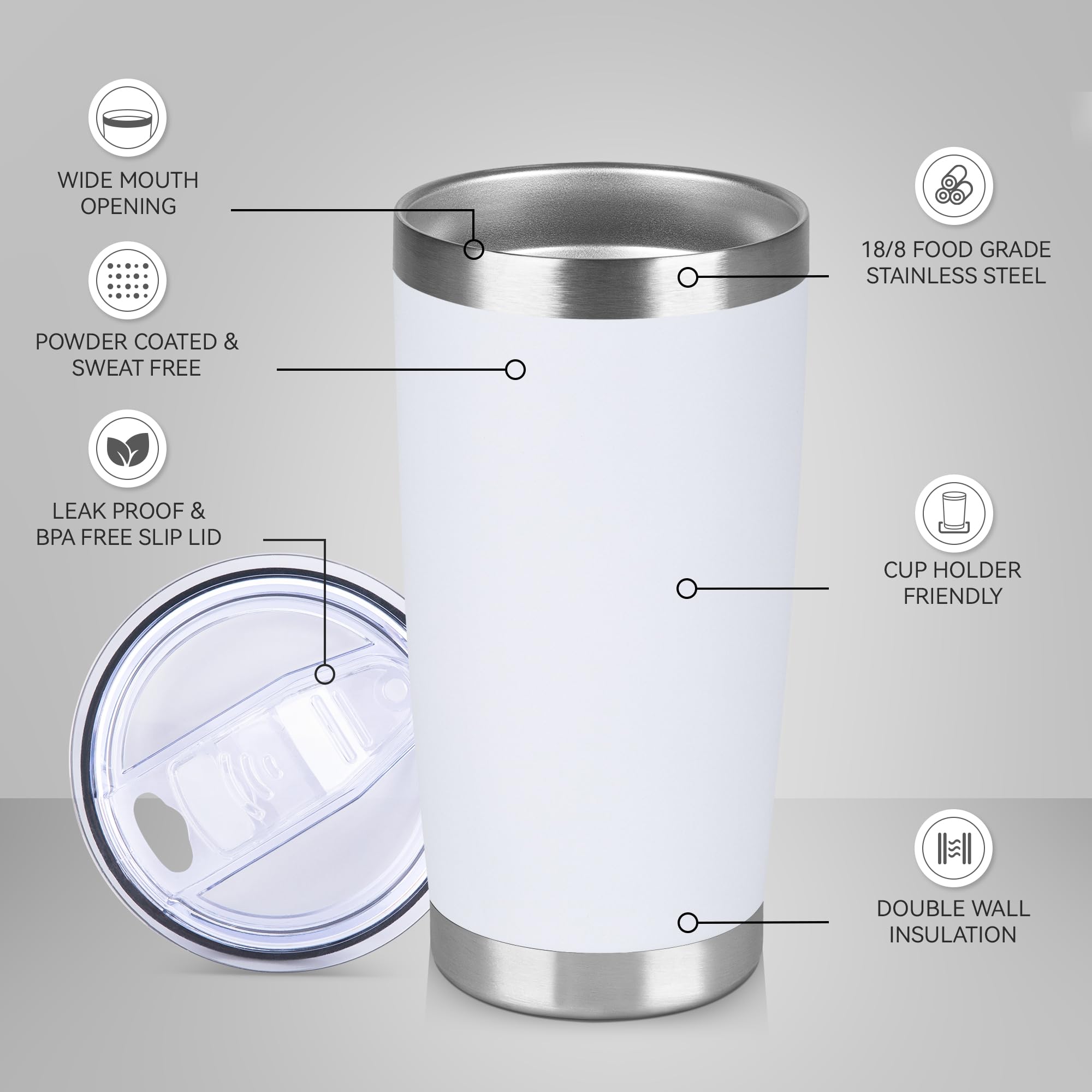 VQRRCKI 20 oz Tumbler Stainless Steel Tumblers Bulk with Lid Double Wall Insulated Coffee Tumbler Cups for Hot & Cold Drinks Powder Coated Travel Coffee Tumbler Mug Metal (White, 12 pack)