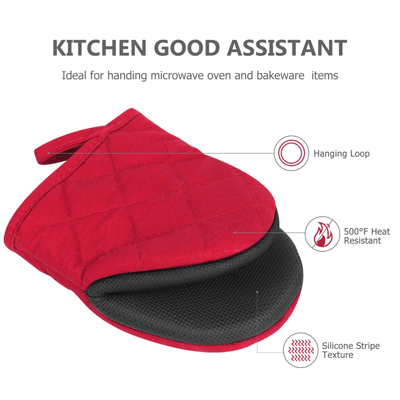 Short Oven Mitts, Heat Resistant 500°F, Silicone Grip Kitchen Gloves, Non-Slip for Baking, Grilling, BBQ, Machine Washable with Hanging Loop, 2-Pack Set, Red