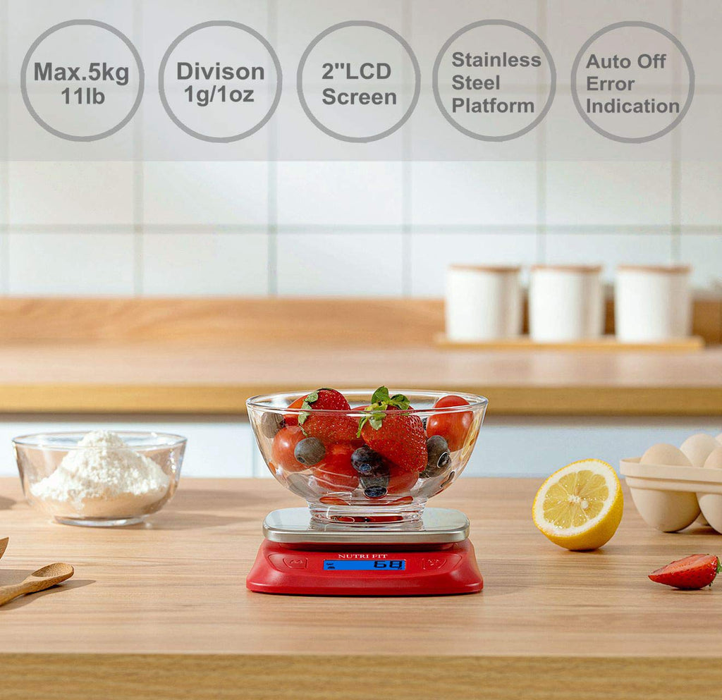 NUTRI FIT Ultra Slim Food Scale Digital Kitchen Scales Weight Grams Oz Red