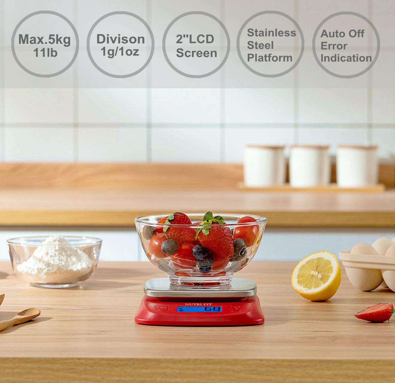 NUTRI FIT Ultra Slim Food Scale Digital Kitchen Scales Weight Grams Oz Red