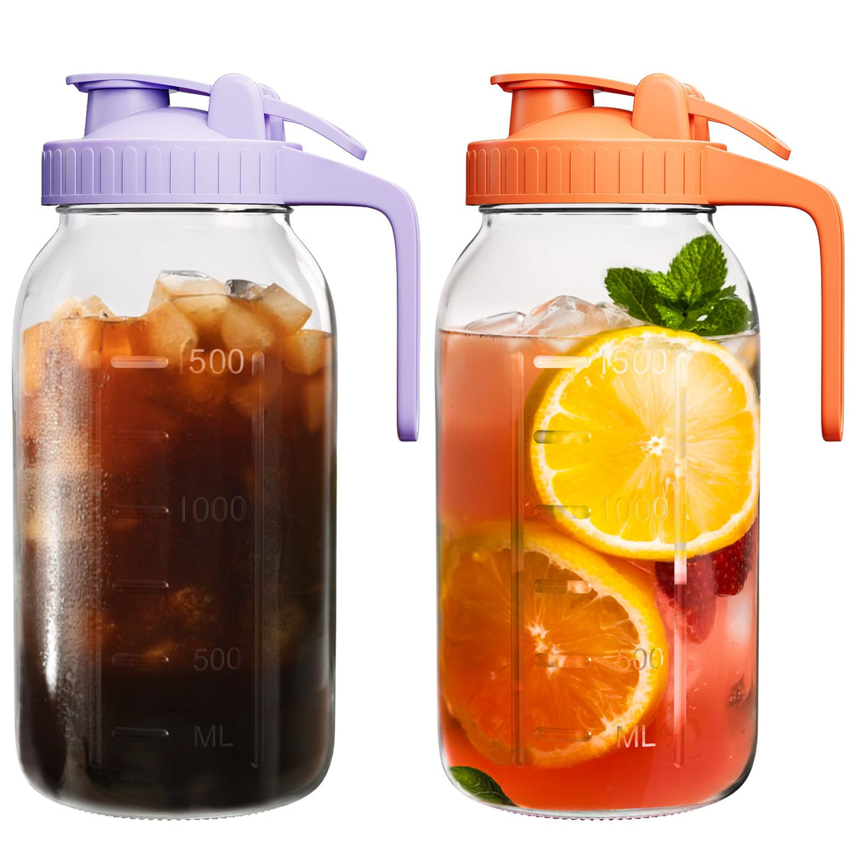 Mason Jar Pitcher Set of 2, 64oz (2quart) Glass Pitcher with Lid for Tea