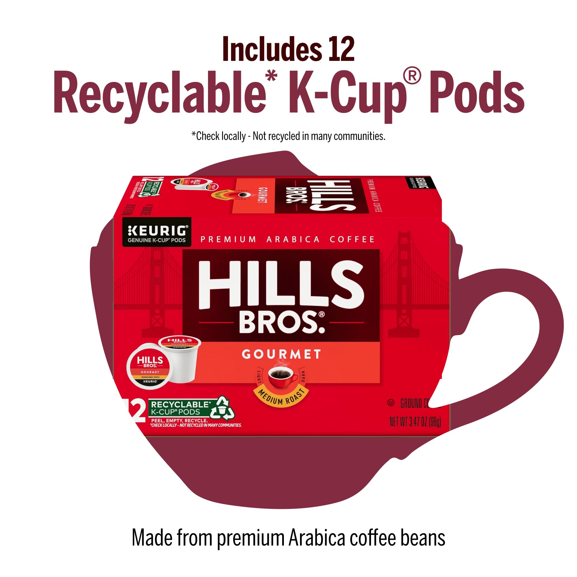Hills Bros. Gourmet Blend Keurig K-Cup Pods for Keurig Brewers – Medium Roast Premium Arabica Blend, Kosher – 1 Pack of 12 Single Serve Pods