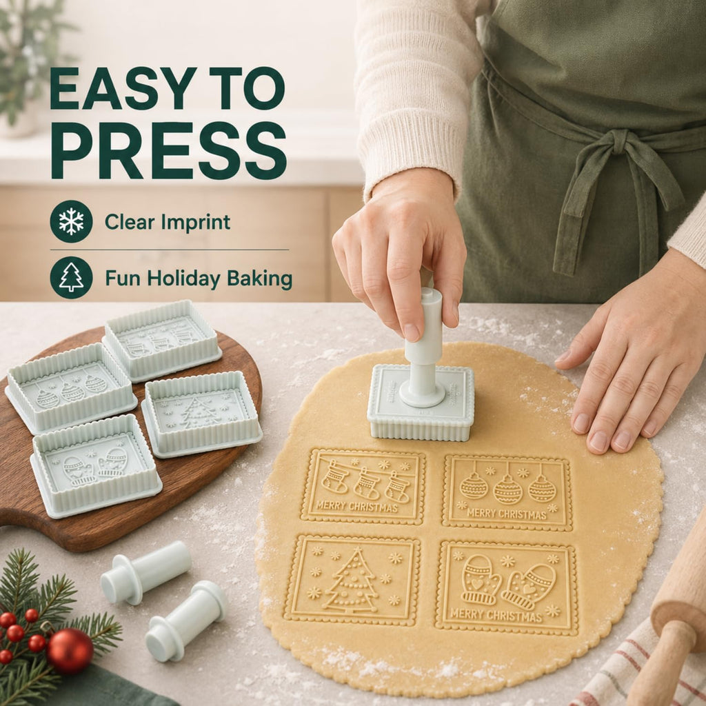 4-Piece 3D Merry Christmas Cookie Cutter and Stamp Set, Plastic