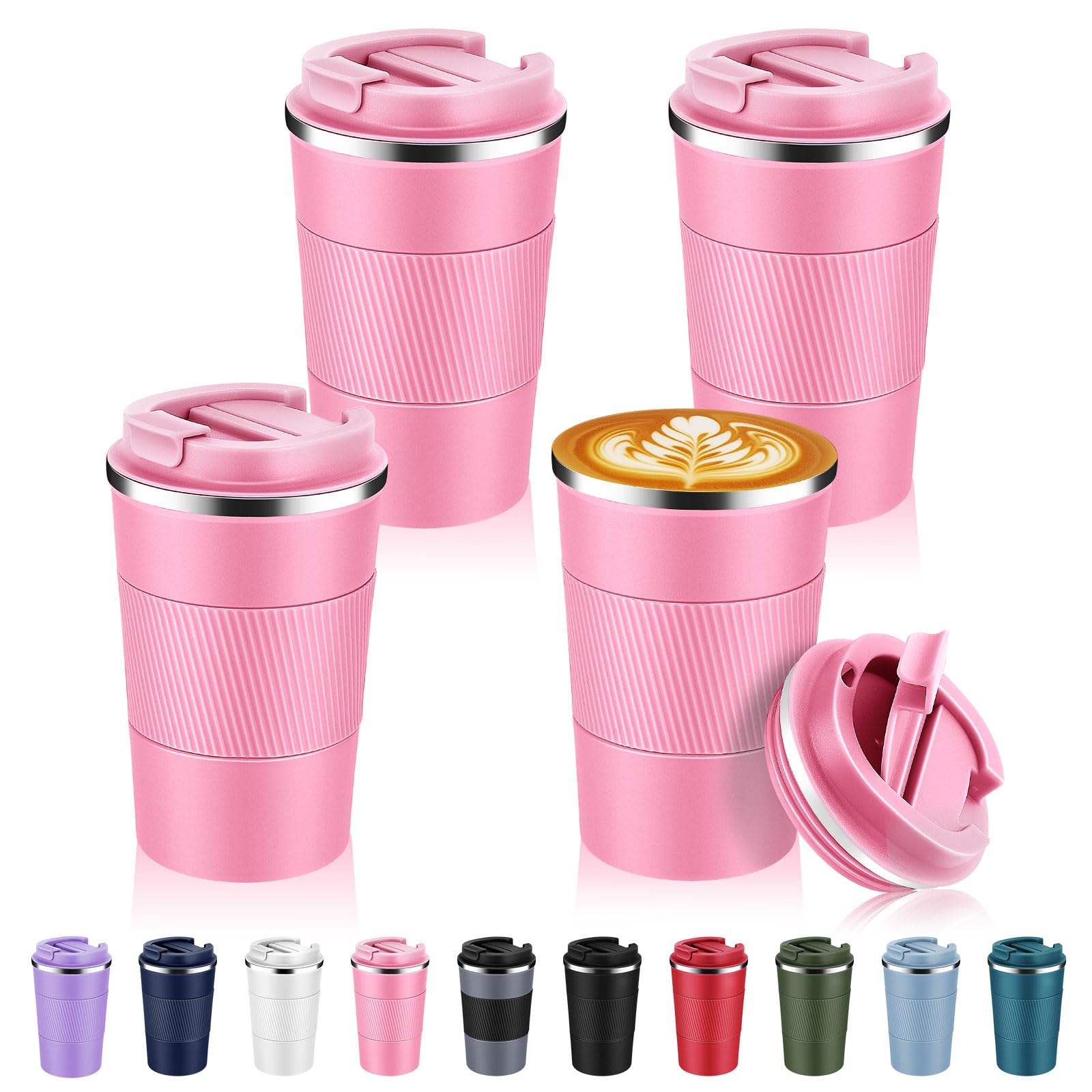 Volhoply 13 oz Stainless Steel Insulated Travel Coffee Mug with Fip Lid Bulk 4 Pack,Reusable Double Wall Vacuum Metal Coffee Cup,Portable Leak Proof Thermal Tumbler for Hot & Cold Drinks(Pink,4)