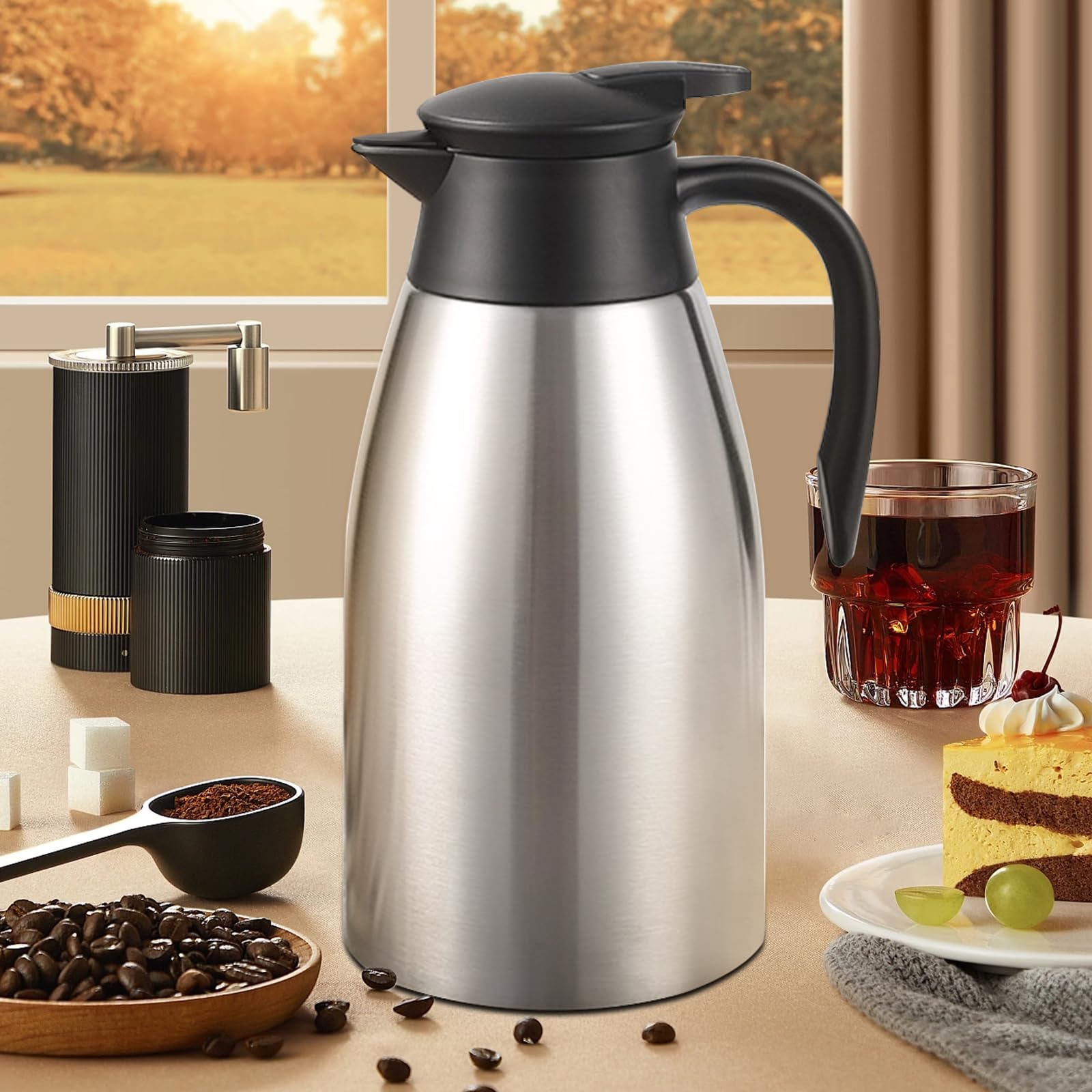 GearRoot 70oz Thermal Coffee Carafe, 2 Pack Airpot Insulated Coffee Urns Stainless Steel Vacuum Thermal Pot Dispenser for Coffee, Hot Water, Tea - Keep 12 Hours Hot, 24 Hours Cold (Silver)