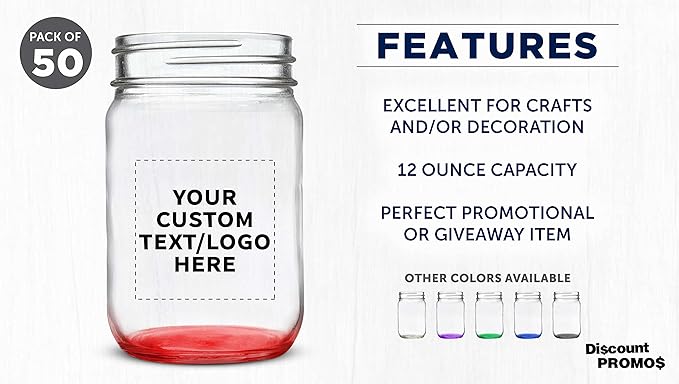 DISCOUNT PROMOS Custom Decorating Mason Jars 12 oz. Set of 50, Personalized Bulk Pack - Glass Jars for Overnight Oats, Candies, Fruits, Pickles, Spices, Beverages - Red