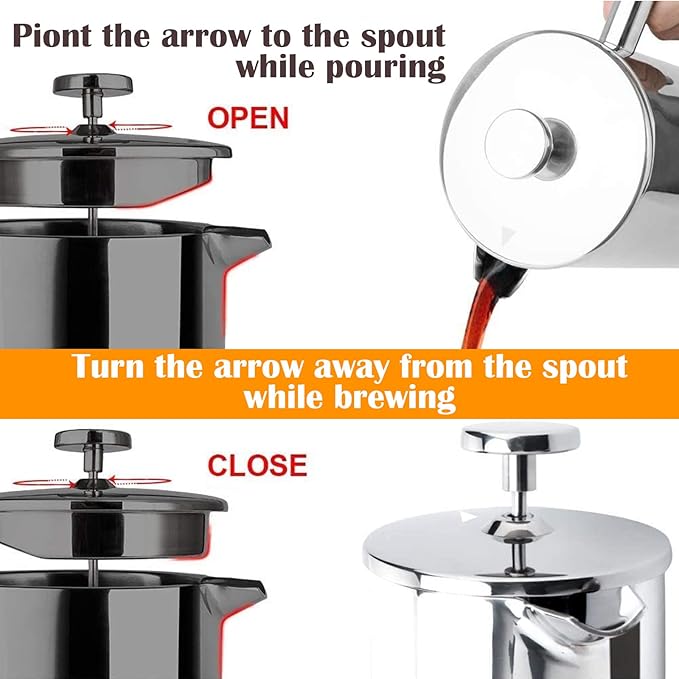 French Press, 600ml Double Insulated 304 Stainless Steel Coffee Tea Maker 4 Level Filtration System, No Coffee Grounds, Rust-Free, Dishwasher Safe for Single Use
