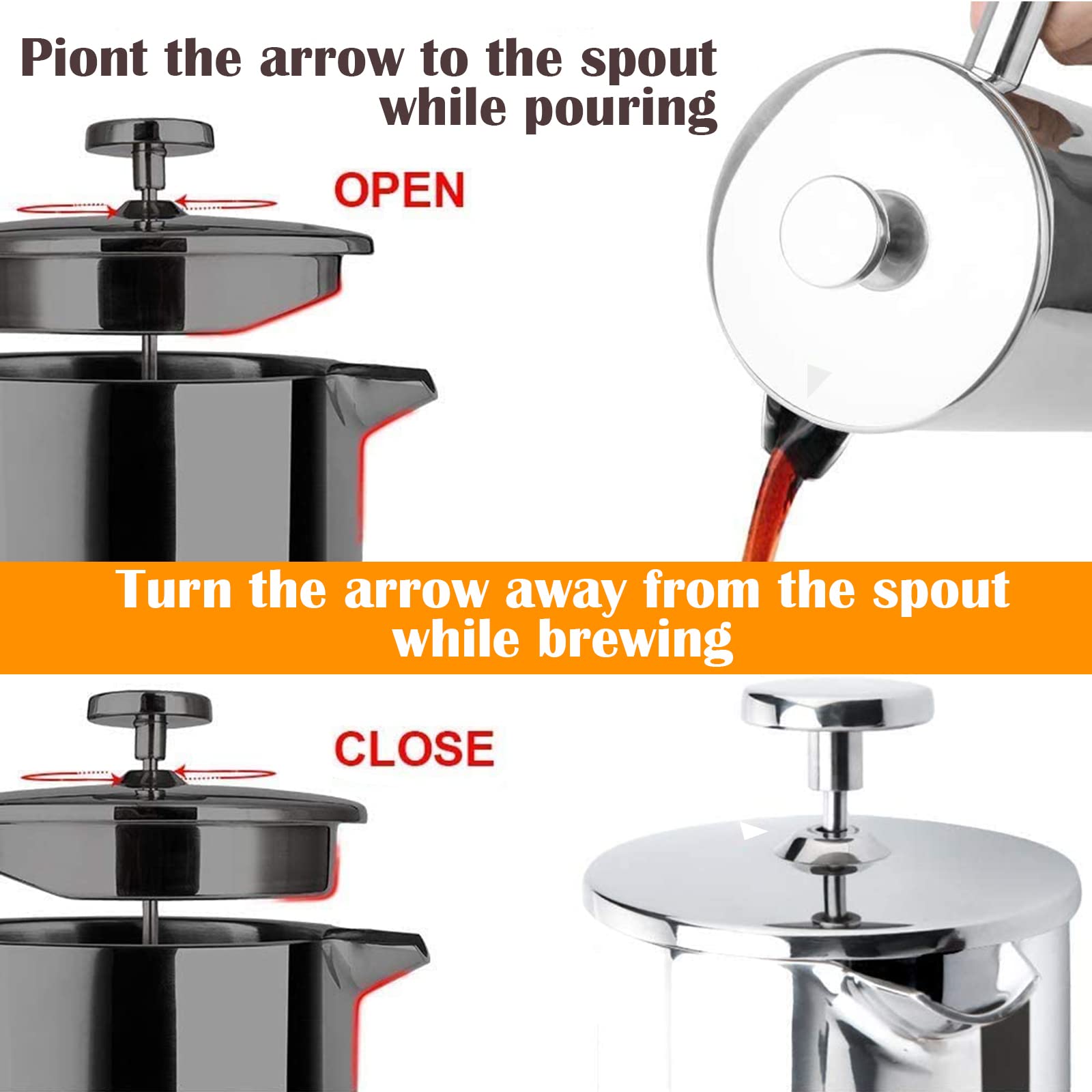 LANTE French Press Coffee Maker, Double Insulated 304 Stainless Steel Coffee Tea Maker 4 Level Filtration System, No Coffee Grounds, Rust-Free, Dishwasher Safe, 1000ml