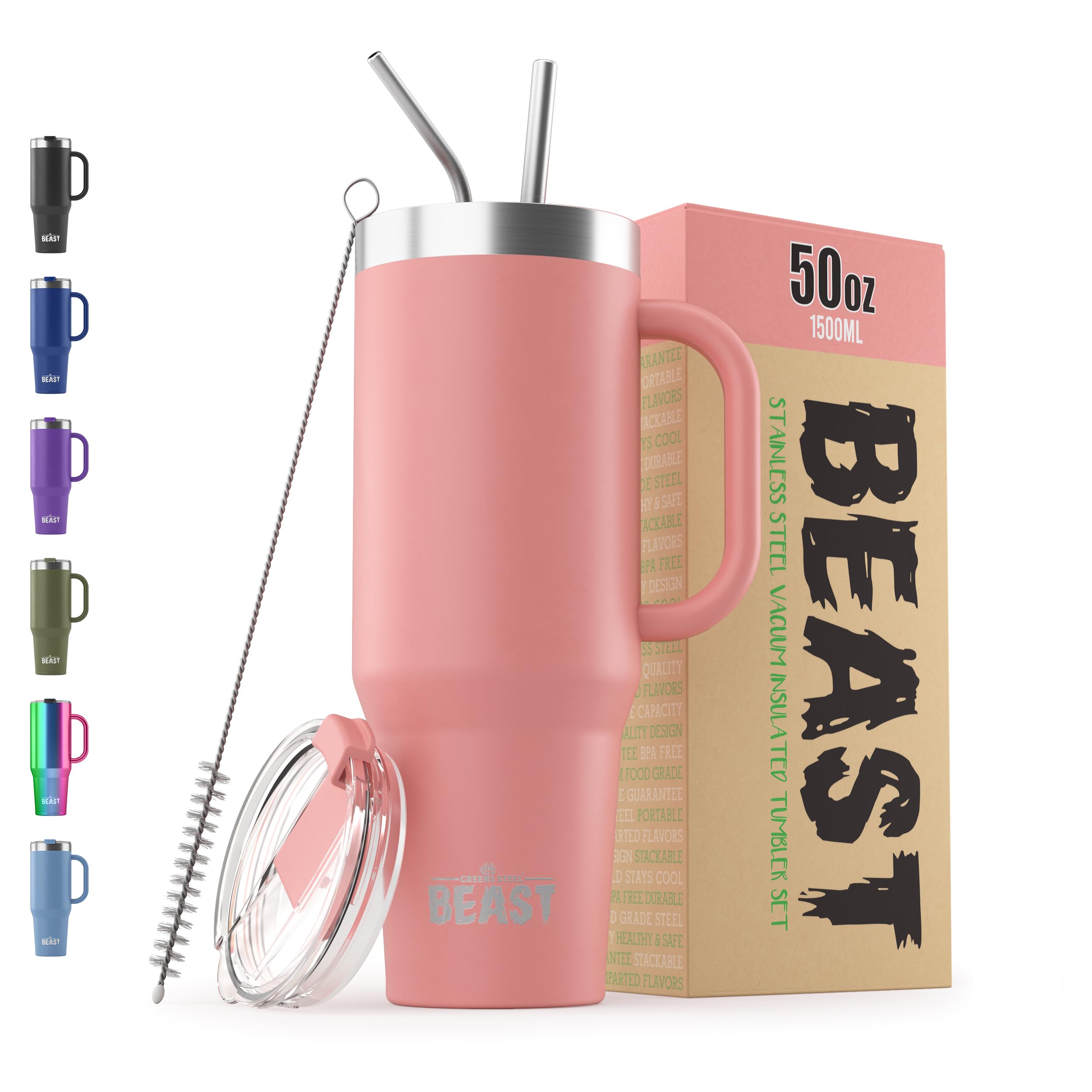 Beast 50 oz Tumbler with Handle Stainless Steel Vacuum Insulated Coffee Ice Cup Double Wall Travel Flask (Blossom Pink)
