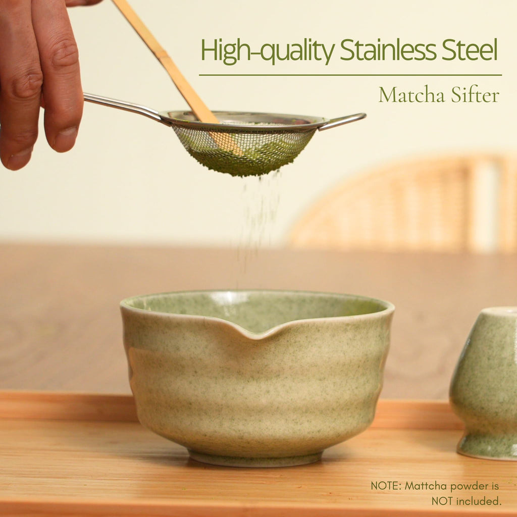 MOIY Matcha Whisk Set, Matcha Set, Handcrafted Bamboo Chasen & Ceramic Bowl Matcha Kit, 5 Pcs Matcha Set Whisk and Bowl with Stainless Steel Sifter, Tea Ceremony, Jade