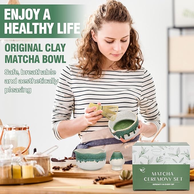 Pottery Matcha Set - Japanese Handcrafted Matcha Tea Bowl Mineral Glaze Bowl with Spout, Bamboo Whisk, Scoop & Chasen Holder | 4pc Tea Ceremony Kit for Matcha Lovers (Snowy Jade)