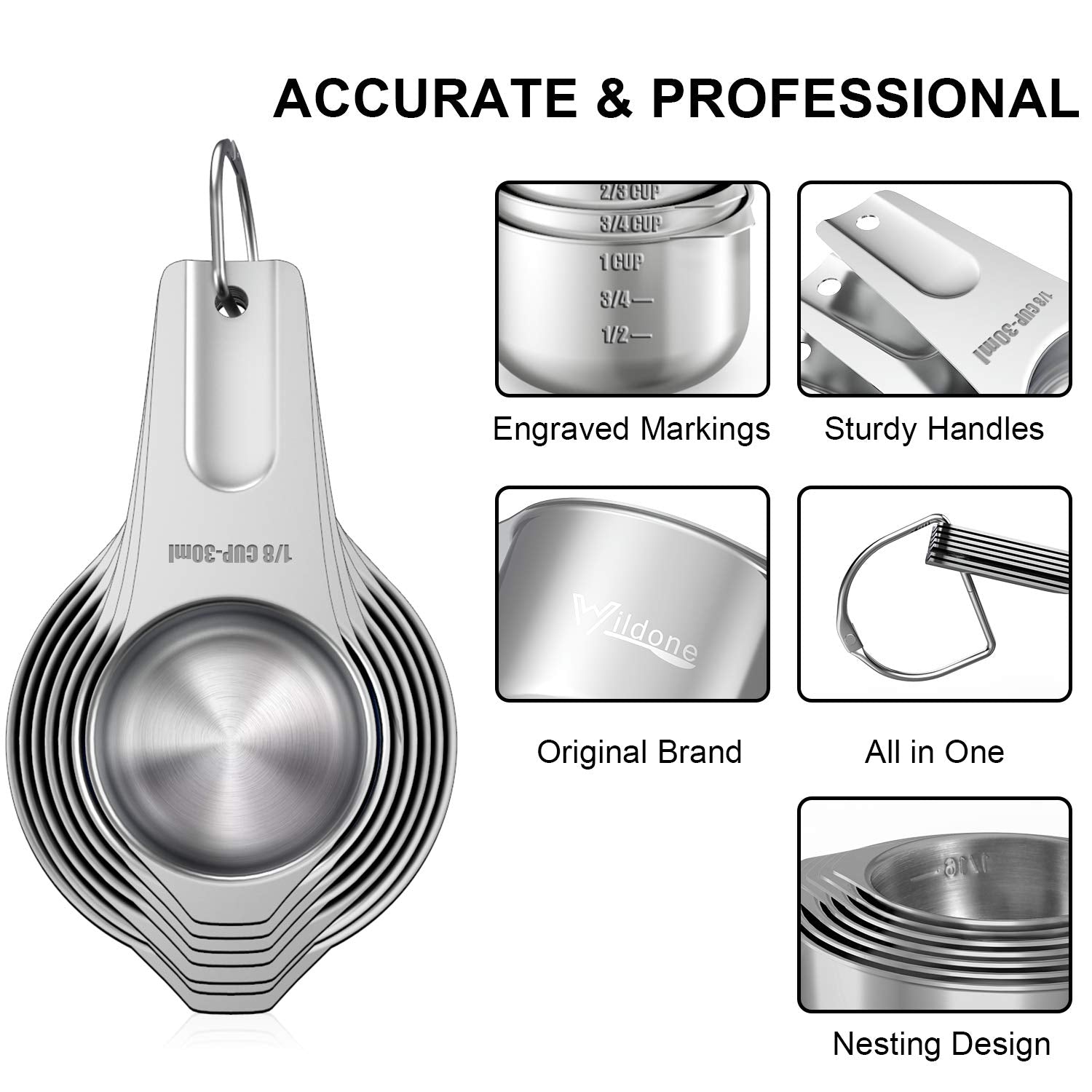 21 Pcs Stainless Steel Measuring Cups and Spoons Set, Wildone Stackable Metal Measuring Cups and Spoons for Cooking & Baking, Includes 7 Cups, 9 Spoons and 5 Mini Spoons