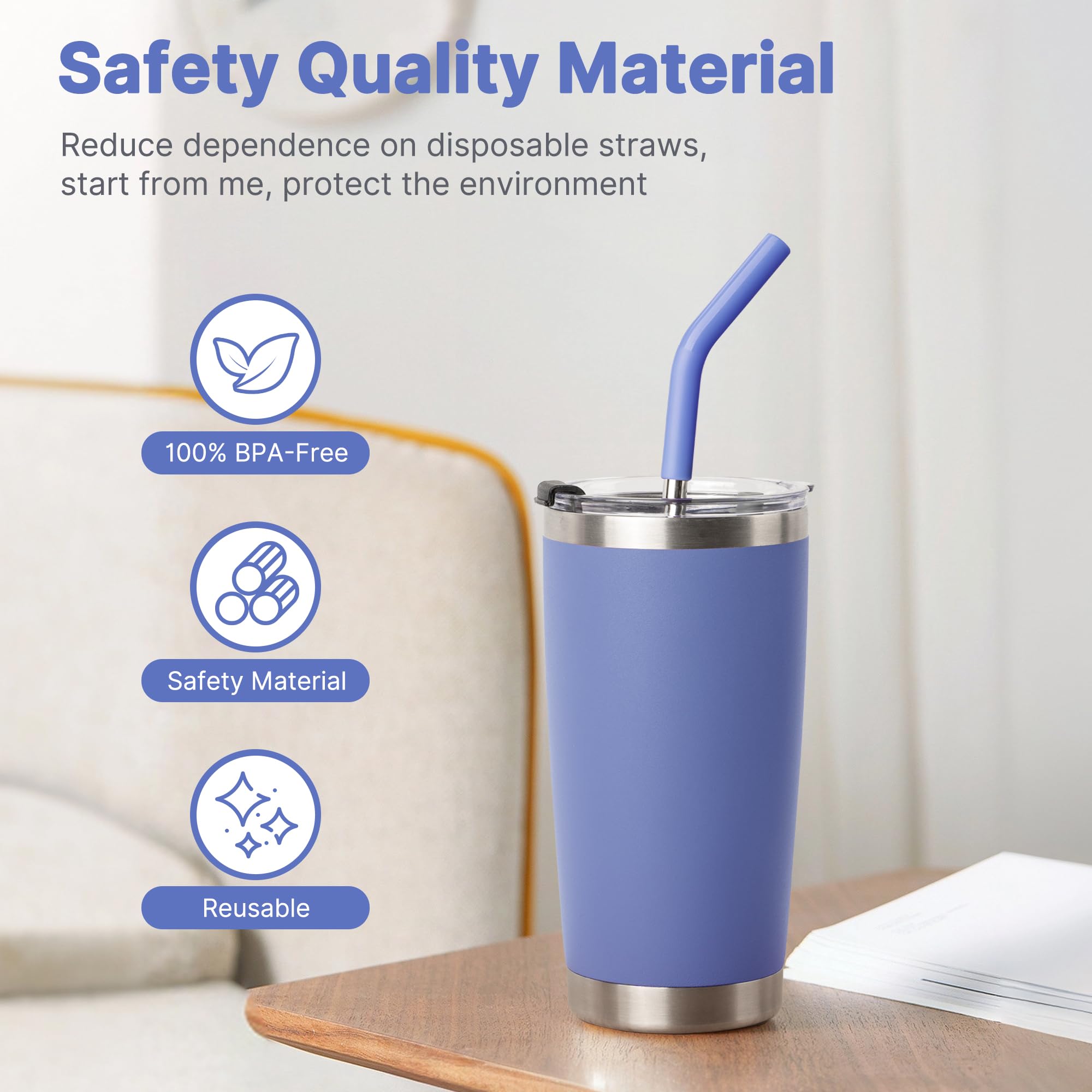 Diumepo 8.5" Metal Straws Reusable for 20 oz Tumbler, 5 Pcs Stainless Steel Drinking Straws for Yeti/RTIC/CIVAGO 20 oz Tumblers, 1 Portable Bag