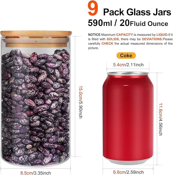 Glass Food Storage Containers Jars with Airtight Bamboo Lid 20 oz 9 pcs, 590 ml Pantry Organization Jar, Glass Terrarium with Lid, Spice, Flour and Sugar Container, Canister Set for Kitchen Counter