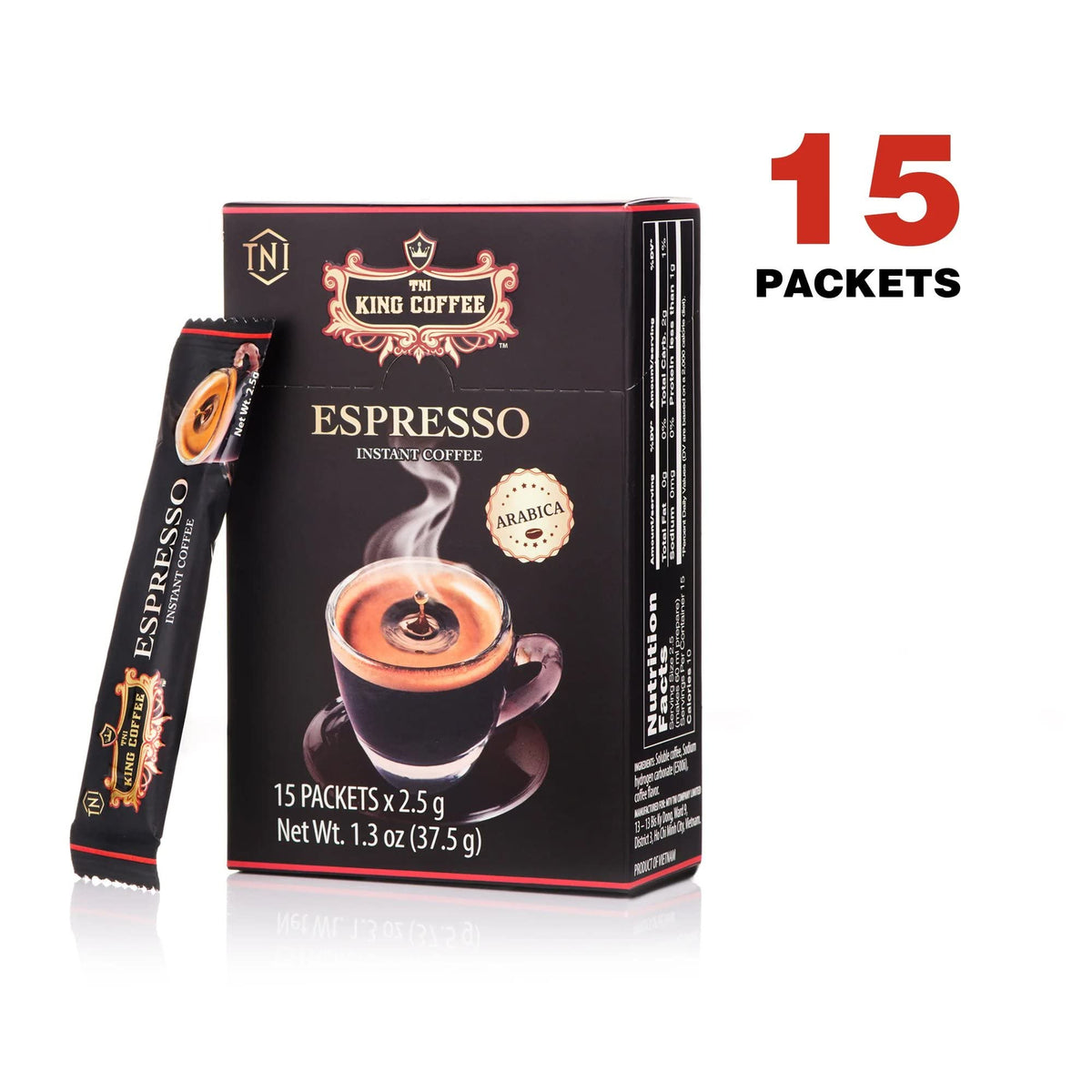 King Coffee Espresso, Vietnamese Instant Coffee Arabica, Medium Dark Roast, 15 Packets x 2.5g, Pack of 1