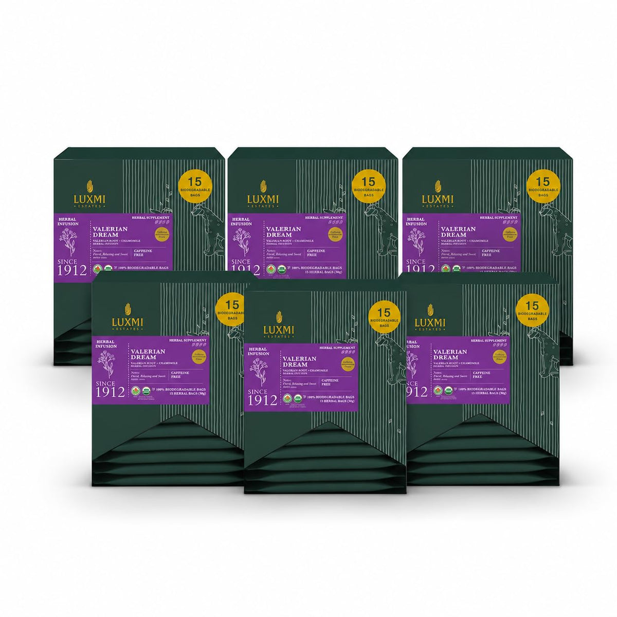 Luxmi Estates Valerian Dream Tea | 25 Pyramid Tea Bags (50g, 1.76oz) | USDA Organic Five-Herb Blend with Valerian Root, Chamomile, Lavender, Rose Petals & Peppermint | Caffeine-Free, Vegan