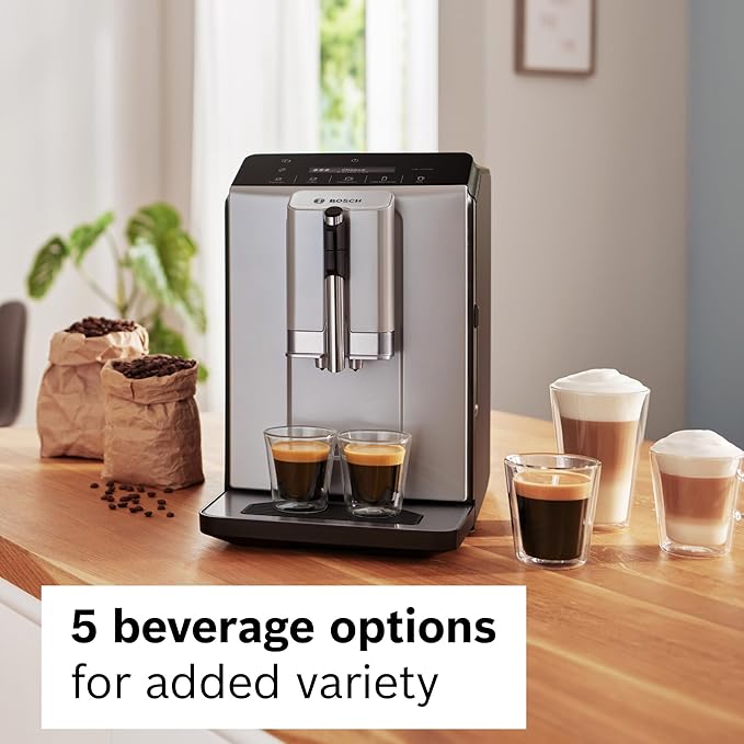 Bosch 300 Series Fully Automatic Espresso and Coffee Machine – In-Cup Frother, OneTouch Milk Drinks, 5 Drink Options, Ceramic Grinder, Easy Clean & Descale, in Silver TIU20307
