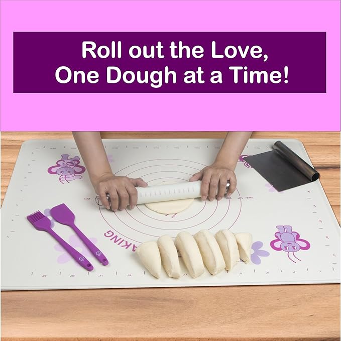 Silicone Baking Mat Set | Non-Stick Dough Rolling Pastry with Rolling Pin for Cookie Pie Crust Pizza Bread | Extra Large Dough Mat | Silicone Pastry Mat Kit Extra Thick with accessories