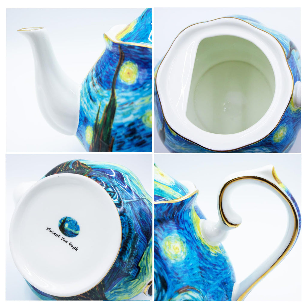 Teapot 30 oz Vangogh Paintings Bone China Loose Tea Pot Floral Design Vintage Ceramic Coffee Water Pot European Style Porcelain (Starry Sky)