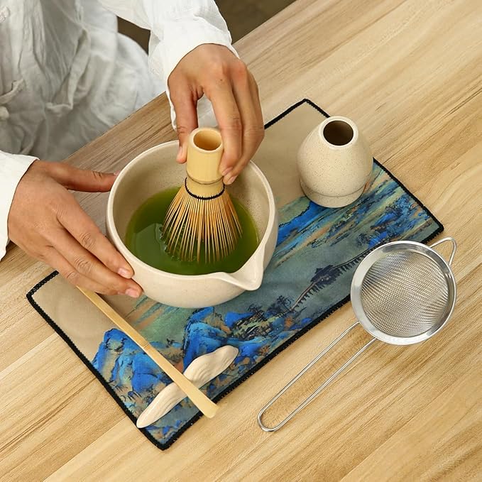 Matcha Set, 7 Pieces, Matcha Bowl with Spout, Whisk, Holder, Bamboo Scoop, Stainless Steel Sifter