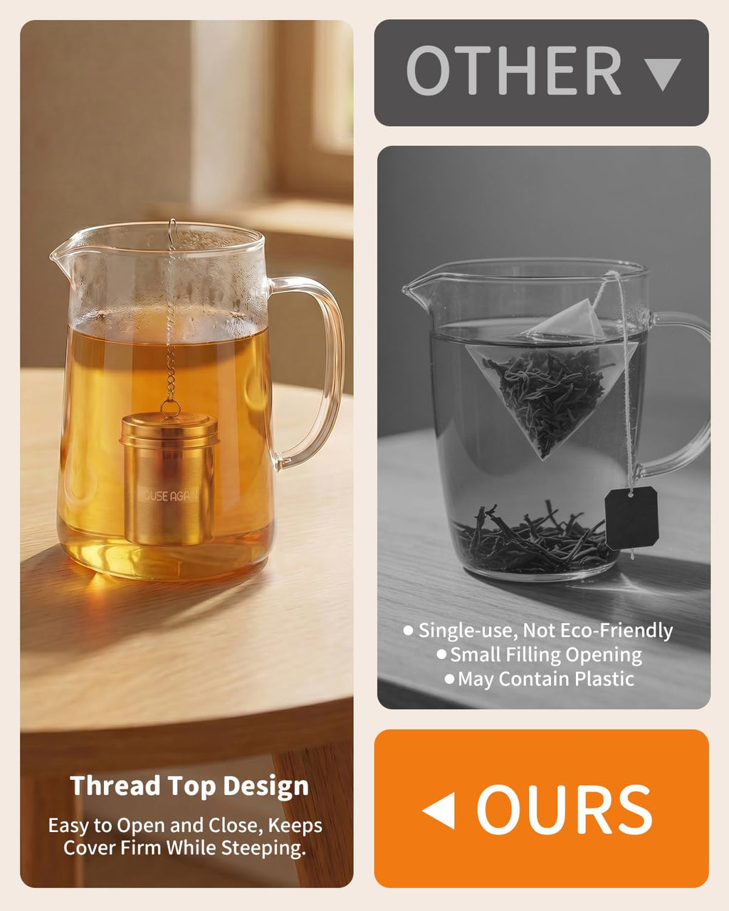 HOUSE AGAIN Tea Infuser (2 Pack, Large + Small), Extra Fine Mesh Tea Strainers for Loose Tea, 18/8 Stainless Steel Tea Strainer with Extended Chain Hook, Tea Steeper