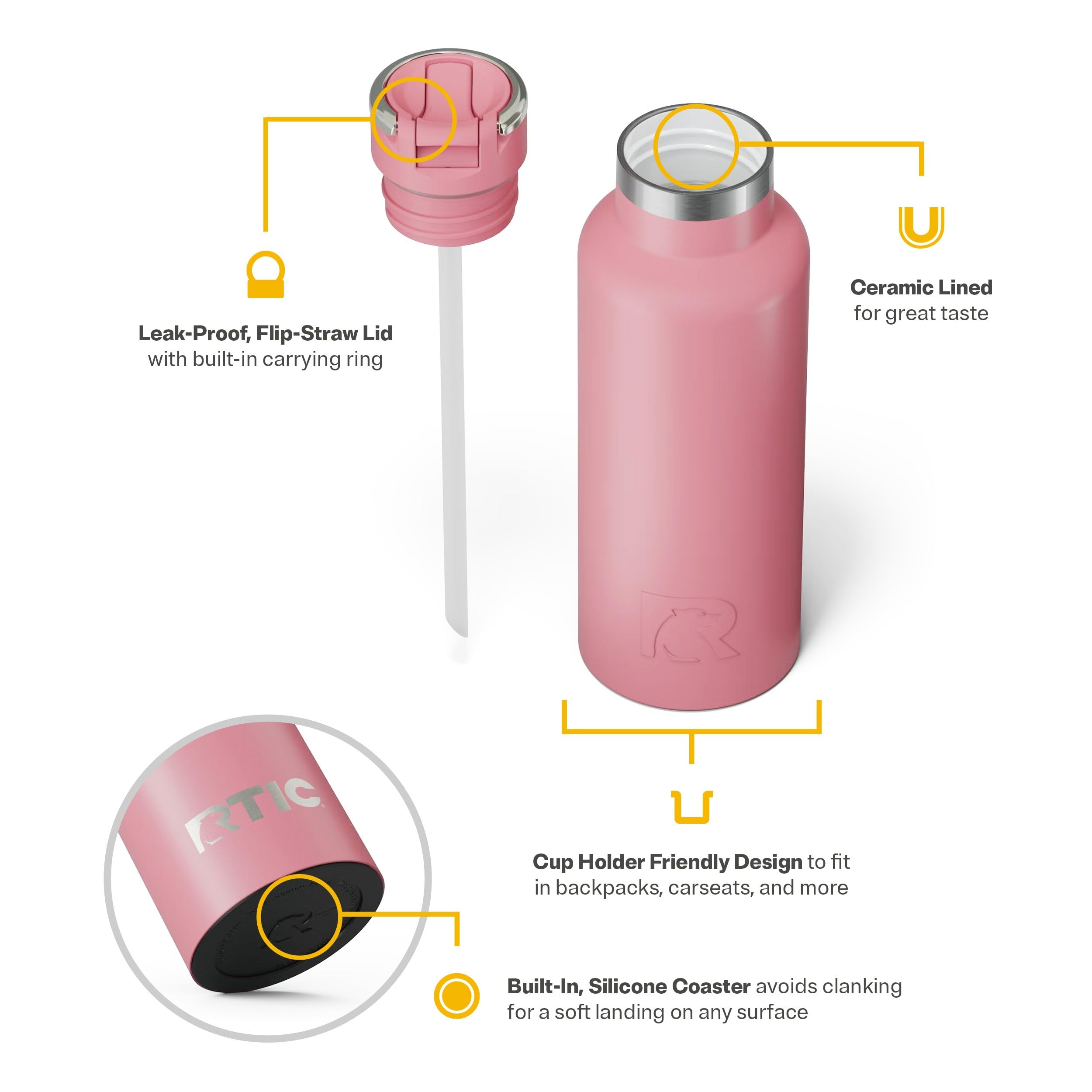 RTIC 16oz Journey Water Bottle, Ceramic Lined, Dusty Rose