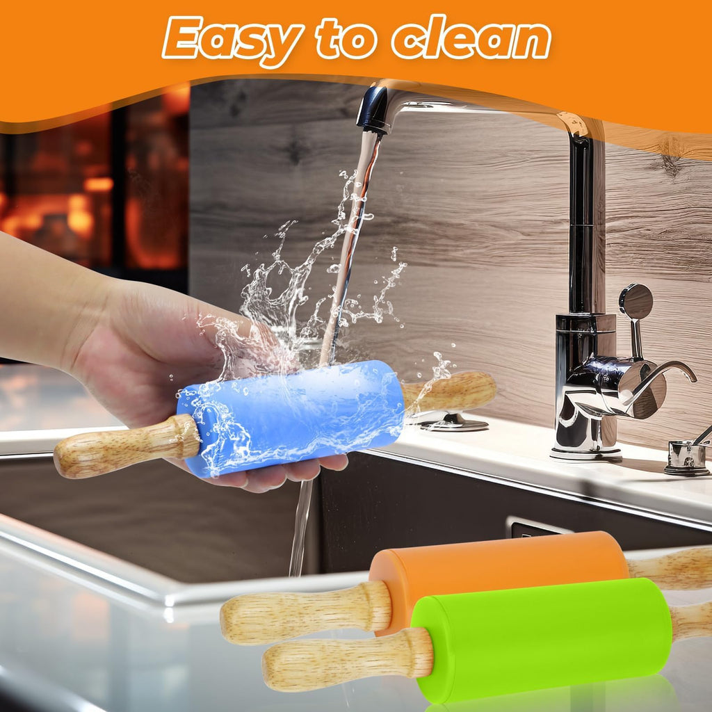 Faxco 4 Pack Mini Rolling Pin for Kids 9 Inch, Non-Stick Wooden Handle