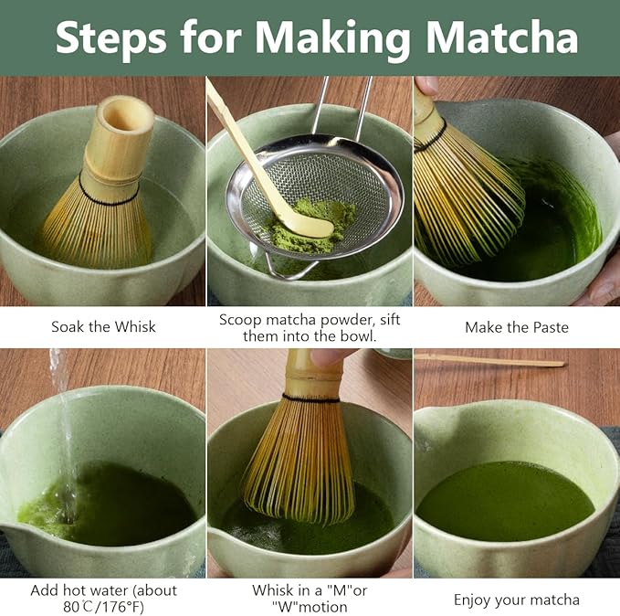 Matcha Kit, 7 Pcs Japanese Matcha Whisk Set Includes Matcha Bowl with Spout, Bamboo Whisk, Chasen Holder, Stainless Sifter, Scoop and Rest, Tea Towel, Matcha Tea Set Gift for Family/Friend