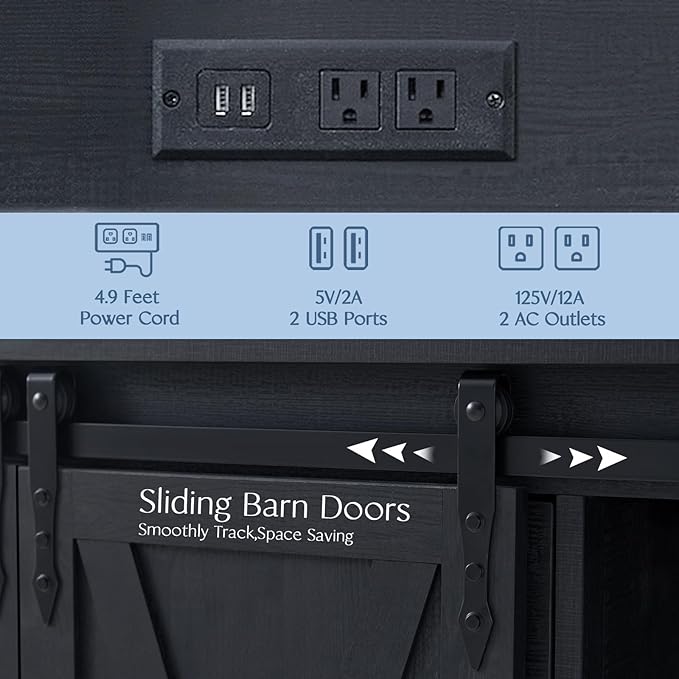 Wnutrees Farmhouse Coffee Bar Cabinet with Charging Station and USB Ports, Sliding Barn Door, 39" Kitchen Hutch Sideboard Buffet Storage Cabinet, Fits Kitchen Dining Living Room, Black
