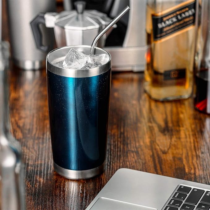 COMOOO 20oz Double Wall Vacuum Insulated Travel Mug, Stainless Steel Tumbler with Lid and Straw Durable Powder Coated Insulated Coffee Cup for Cold & Hot Drinks (Peacock blue, 4)