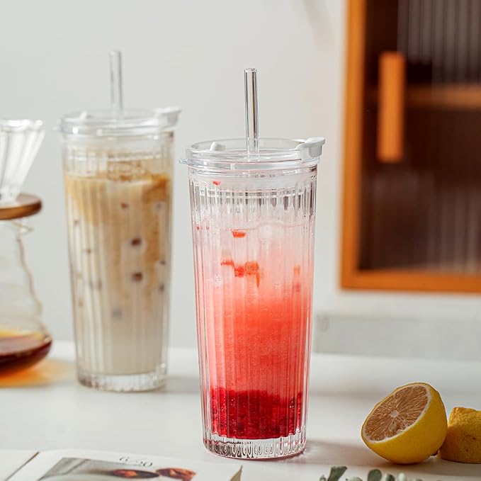 KEMORELA Ribbed Glass Tumbler with Straw and Lid – 18oz Durable Leak-Proof Drinking Cup for Hot and Cold Beverages – Stylish Design, Ideal for Iced Coffee, Smoothies, and More (2PCS-A)