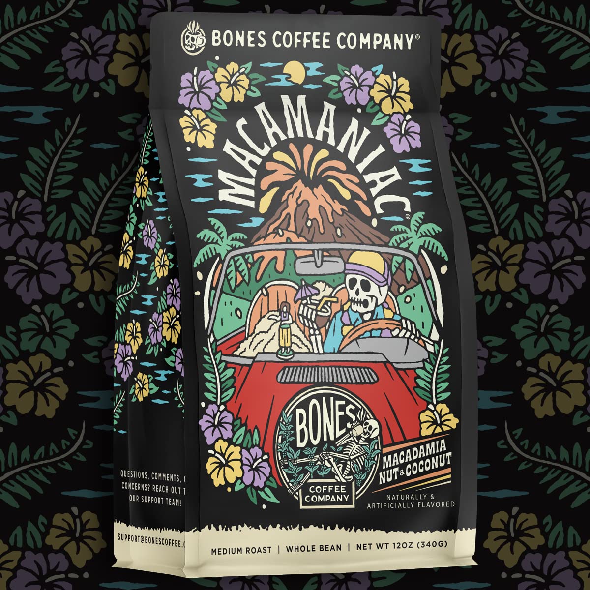Bones Coffee Company Macamaniac, Macadamia and Coconut Flavored Coffee, Medium Roast Low Acid Arabica Beans Compatible with Auto drip and French Press Coffee Maker, 12 Oz Ground