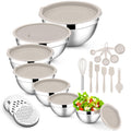 E-far Mixing Bowls with Lids Set, 21PCS Stainless Steel Mixing Salad Bowls with 3 Grater Attachments, Size 7, 4.6, 3.5, 2.6, 2, 1.5, 1QT, Nesting Design & Khaki Airtight Lid, For Baking/Prepping