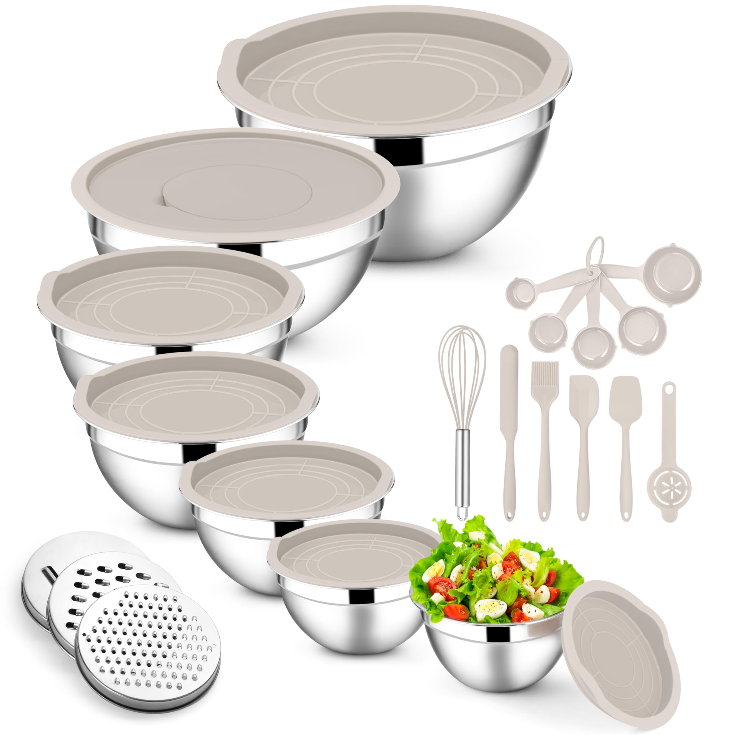 E-far Mixing Bowls with Lids Set, 21PCS Stainless Steel Mixing Salad Bowls with 3 Grater Attachments, Size 7, 4.6, 3.5, 2.6, 2, 1.5, 1QT, Nesting Design & Khaki Airtight Lid, For Baking/Prepping