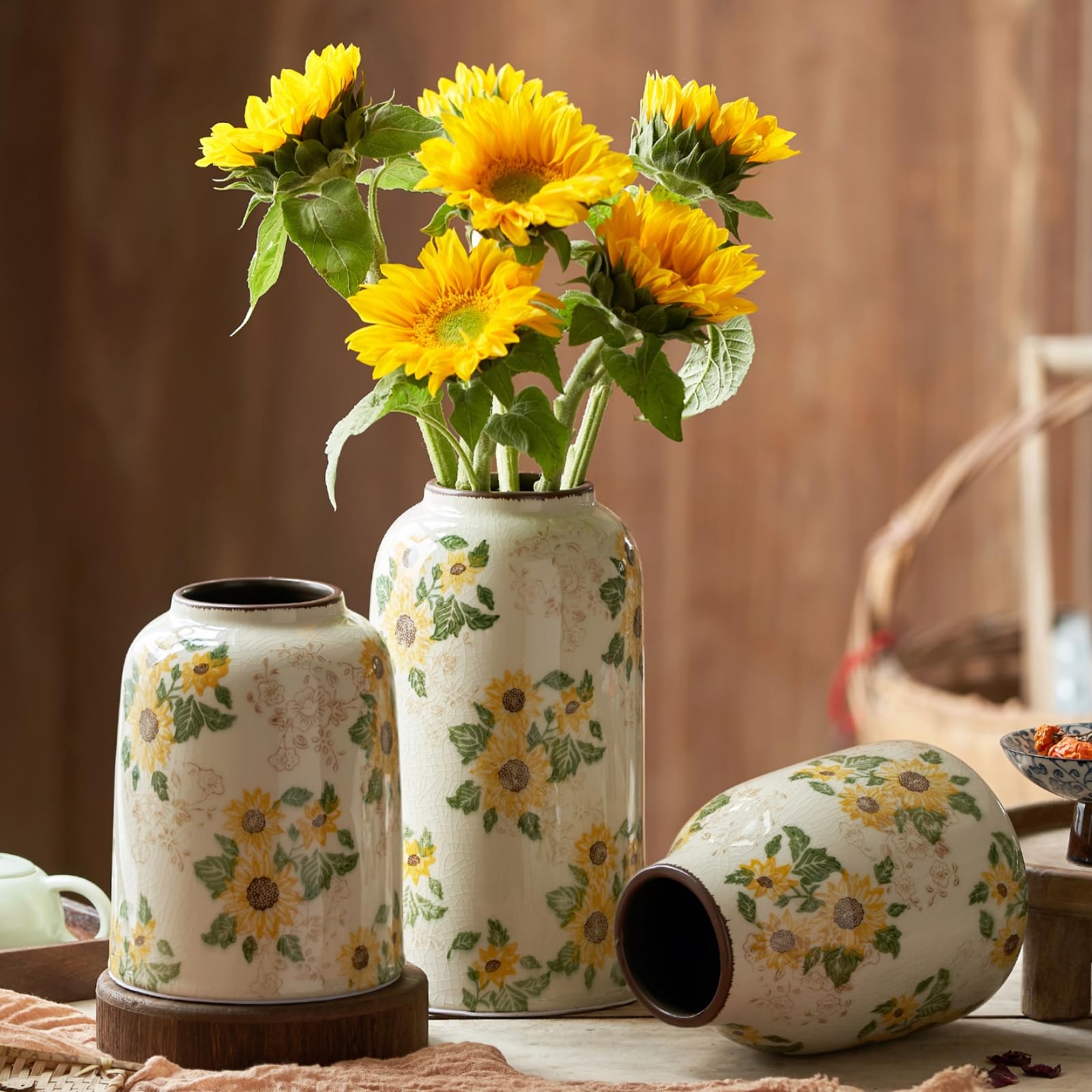Levvohd Vintage Ceramic Vase, Sunflower Pattern 7.9 Inch, Medium Cylinder