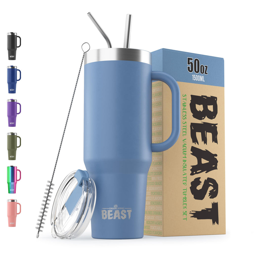 Beast 50 oz Tumbler with Handle Stainless Steel Vacuum Insulated Coffee Ice Cup Double Wall Travel Flask (Stormy Sky Blue)