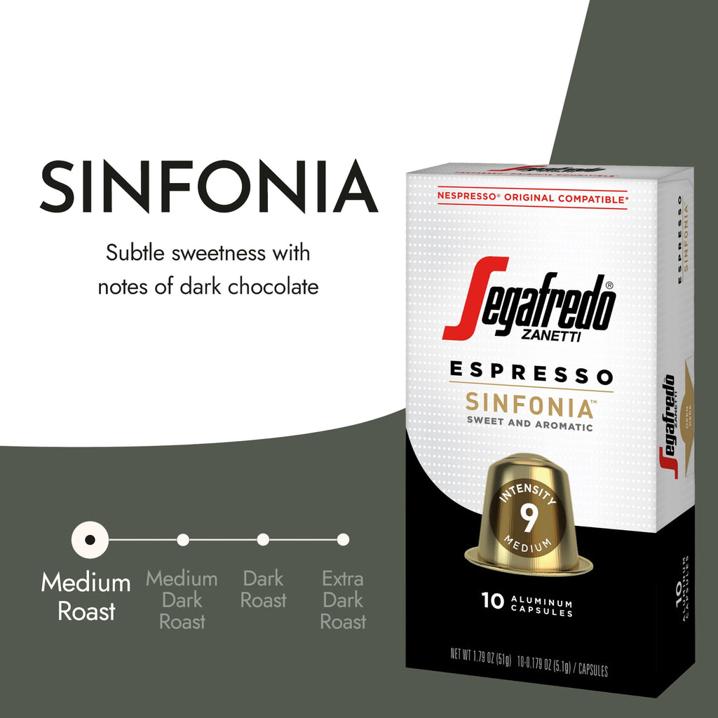 Segafredo Zanetti Espresso Capsules – Aluminum Pods for Nespresso Original Machines – Medium Roast Premium Espresso with a Sweet Aroma – Subtle, Intensity 9 – Sinfonia, 10 Count