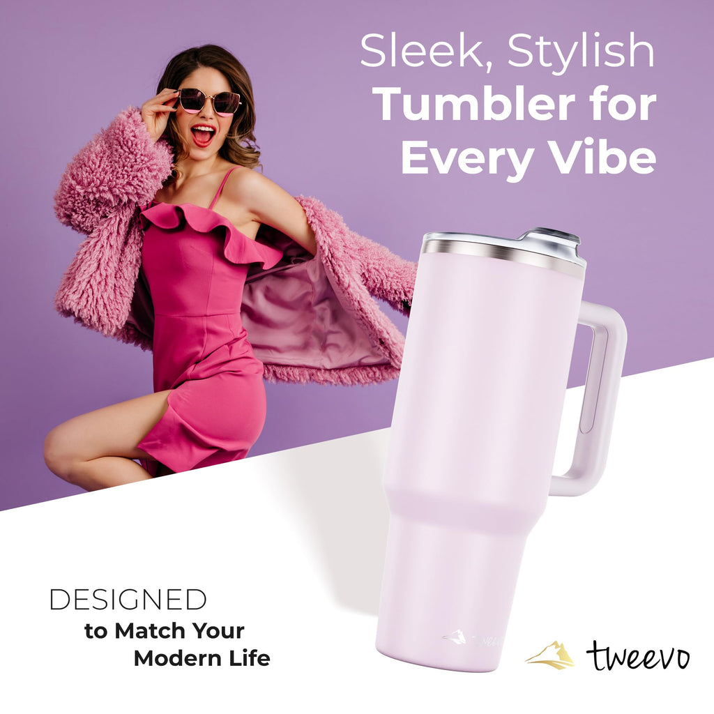 tweevo 40 oz Tumbler With Handle and Straw Made of Stainless Steel - Double Wall Vacuum Insulated Tumbler With Lid - Sweat Proof Easy Grip, BPA-Free, Dishwasher Safe Tumbler (Orchid)
