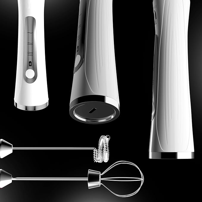 Rechargeable Handheld Milk Frother - Electric Foam Maker - Portable Coffee Frother Wand with 2 Heads - Stainless Steel Electric Whisk for Coffee, Latte, Cappuccino, Macchiato, Hot Chocolate (White)