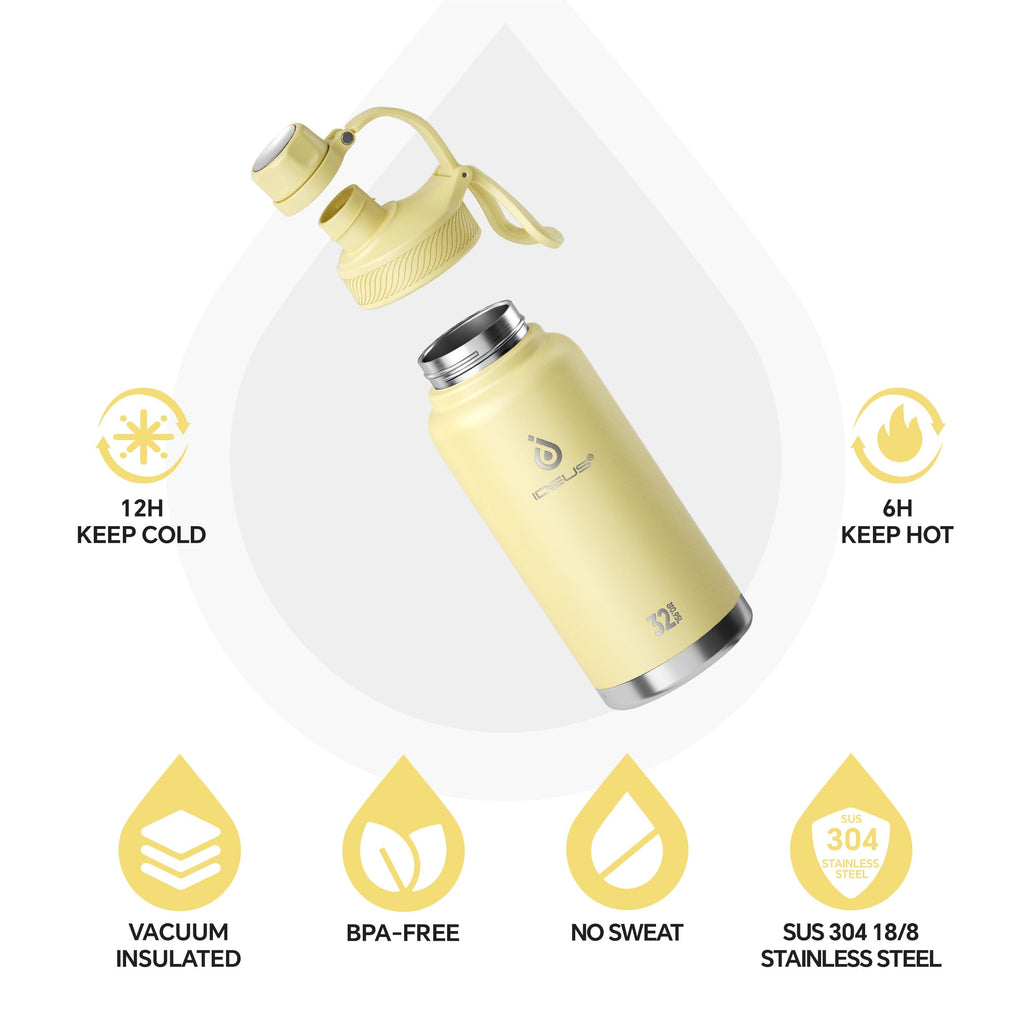 IDEUS Insulated Stainless Steel Water Bottle with 2 Leak-Proof Lids, Thermal Water Flask for Hiking Biking, 32oz, Light Yellow