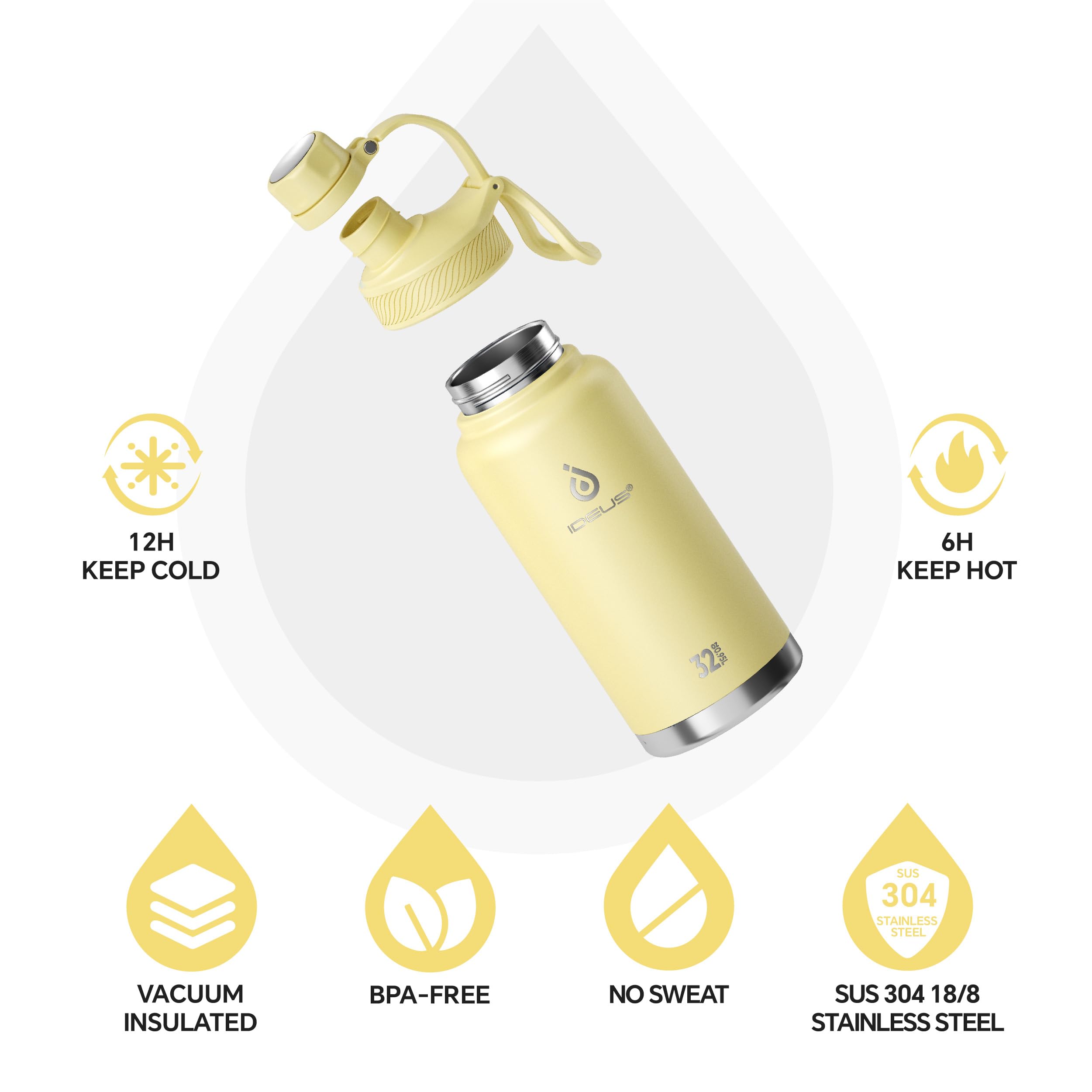 IDEUS Insulated Stainless Steel Water Bottle with 2 Leak-Proof Lids, Thermal Water Flask for Hiking Biking, 32oz, Light Yellow